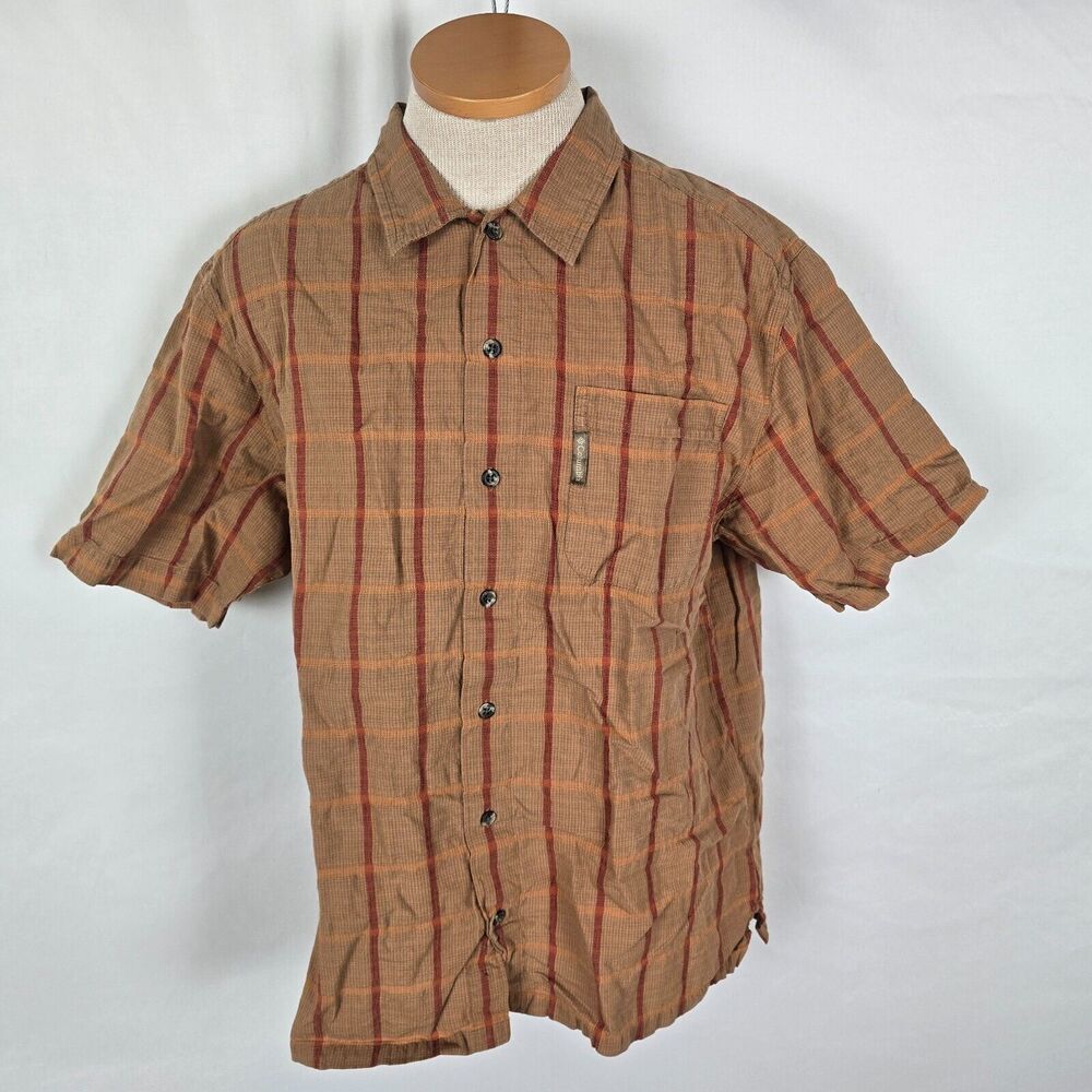 Columbia Shirt Men's M Brown Red Plaid Button Down Short Sleeve Pocket Cotton